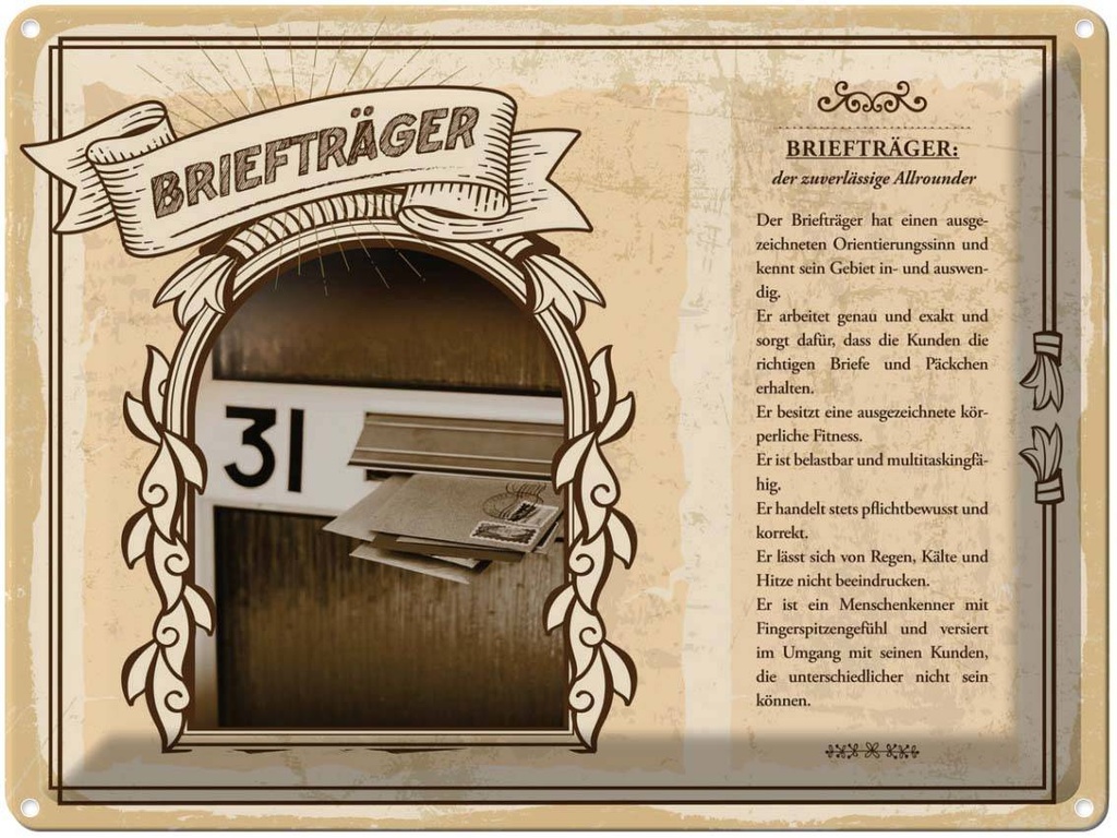 [LA-138179] Blechschild 30x40 cm Briefträger zuverlässig Allrounder Beruf Arbeit