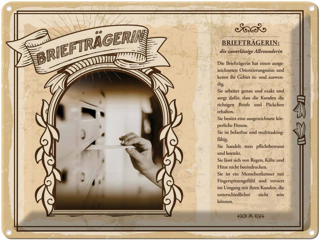 [LA-138180] Blechschild 30x40 cm Briefträgerin zuverlässig genau Beruf Arbeit