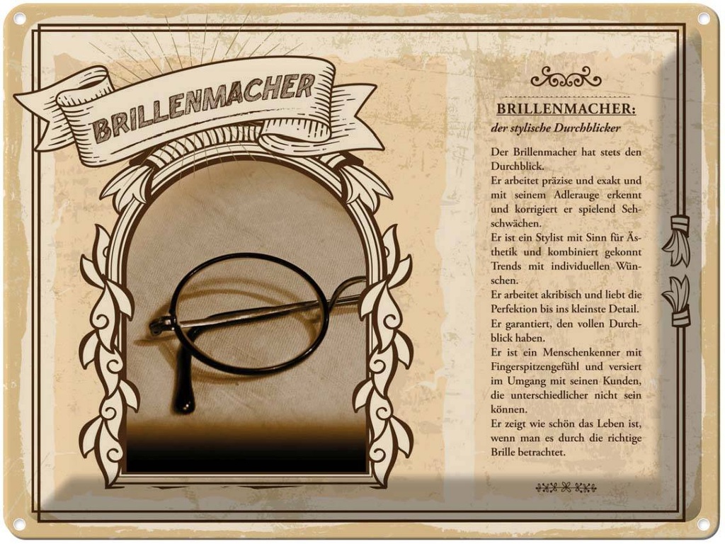 [LA-138181] Blechschild 30x40 cm Brillenmacher stylische Durchblick Beruf Arbeit