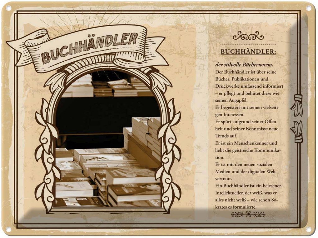 [LA-138183] Blechschild 30x40 cm Buchhändler Bücher Aufapfel Trends Beruf Arbeit