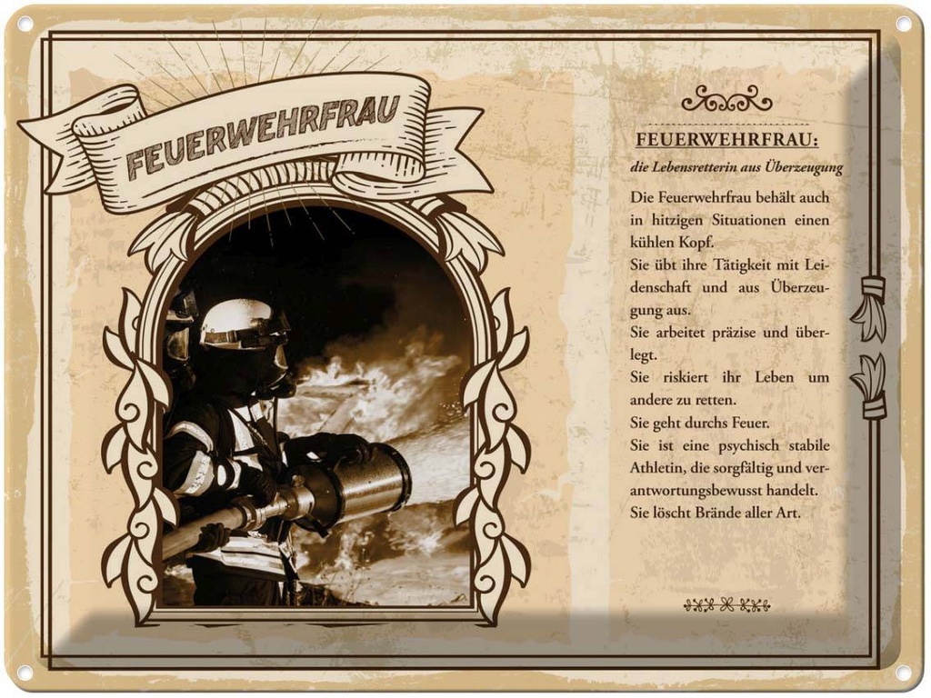 [LA-138198] Blechschild 30x40 cm Feuerwehrfrau Lebensretterin Not Beruf Arbeit