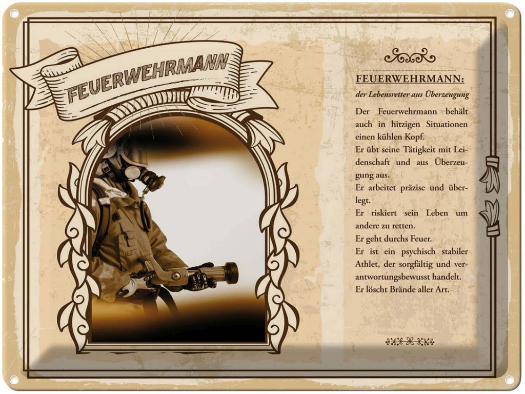 [LA-138199] Blechschild 30x40 cm Feuerwehrmann Lebensretter Feuer Beruf Arbeit