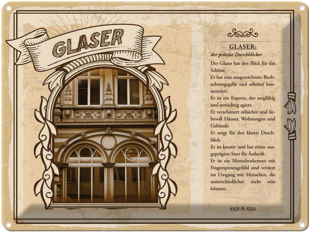 [LA-138214] Blechschild 30x40 cm Glaser präziser Durchblicker Beruf Arbeit Dekoration