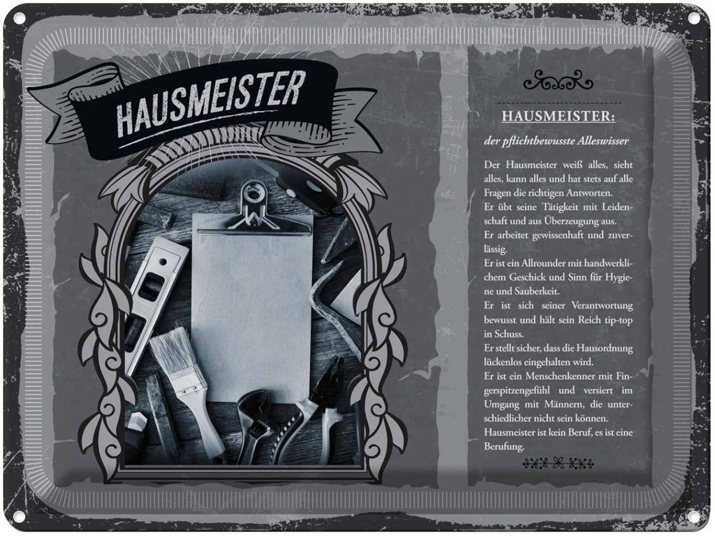 [LA-138217] Blechschild 30x40 cm Hausmeister weiß sieht alles Beruf Arbeit