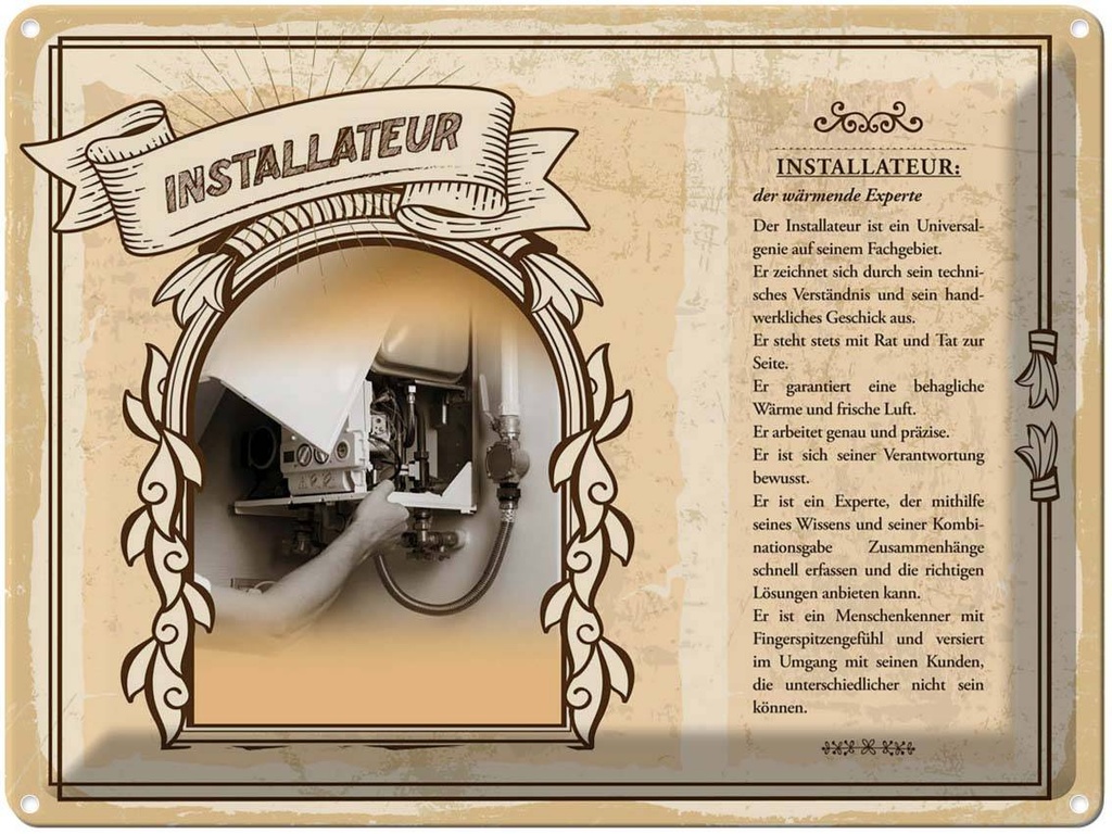 [LA-138223] Blechschild 30x40 cm Installateur Universalgenie Beruf Arbeit