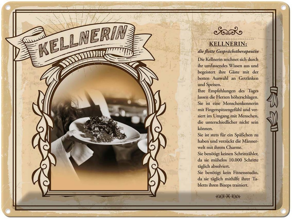 [LA-138229] Blechschild 30x40 cm Kellnerin Trinkgeld Service Gäste Beruf Arbeit