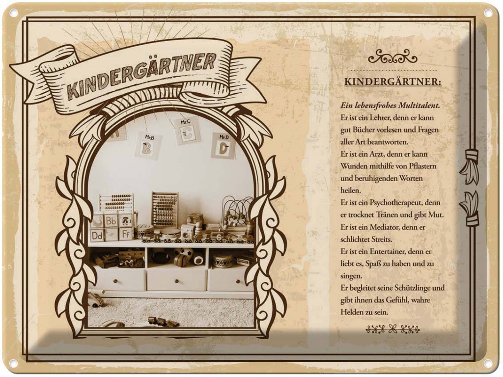 [LA-138230] Blechschild 30x40 cm Kindergärtner lebensfroher Lehrer Beruf Arbeit