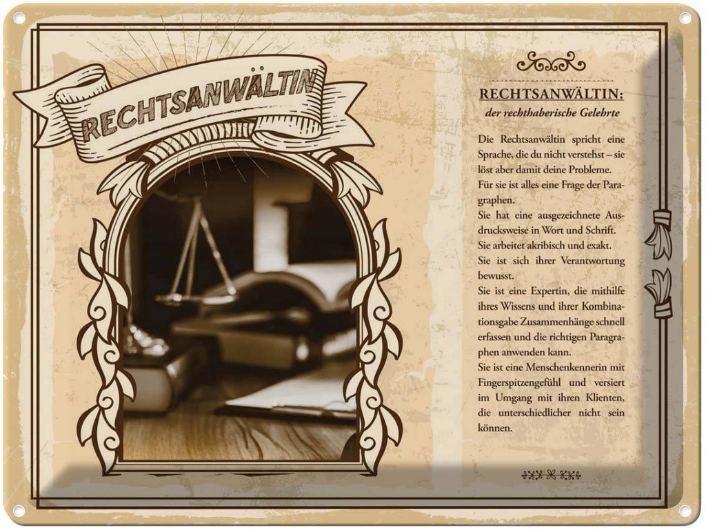 [LA-138266] Blechschild 30x40 cm Rechtsanwältin Paragraphen Beruf Arbeit