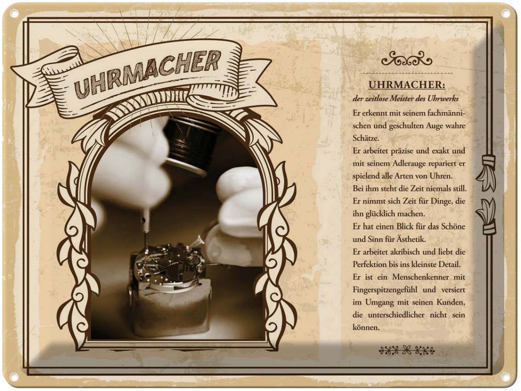 [LA-138291] Blechschild 30x40 cm Uhrmacher Meister zeitlos Beruf Arbeit