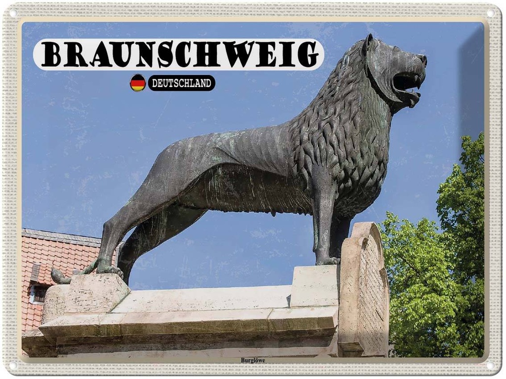 [LA-138343] Blechschild 30x40 cm Braunschweig Burglöwe Architektur Bildmotiv Reisemotiv Abenteuer Reisen Europa Urlaub Häuser