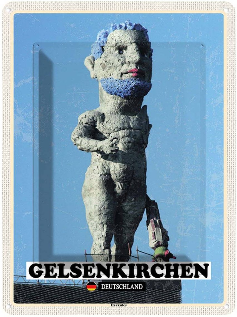 [LA-138358] Blechschild 40x30 cm Gelsenkirchen Herkules Skulptur Bildmotiv Reisemotiv Abenteuer Reisen Deutschland Urlaub