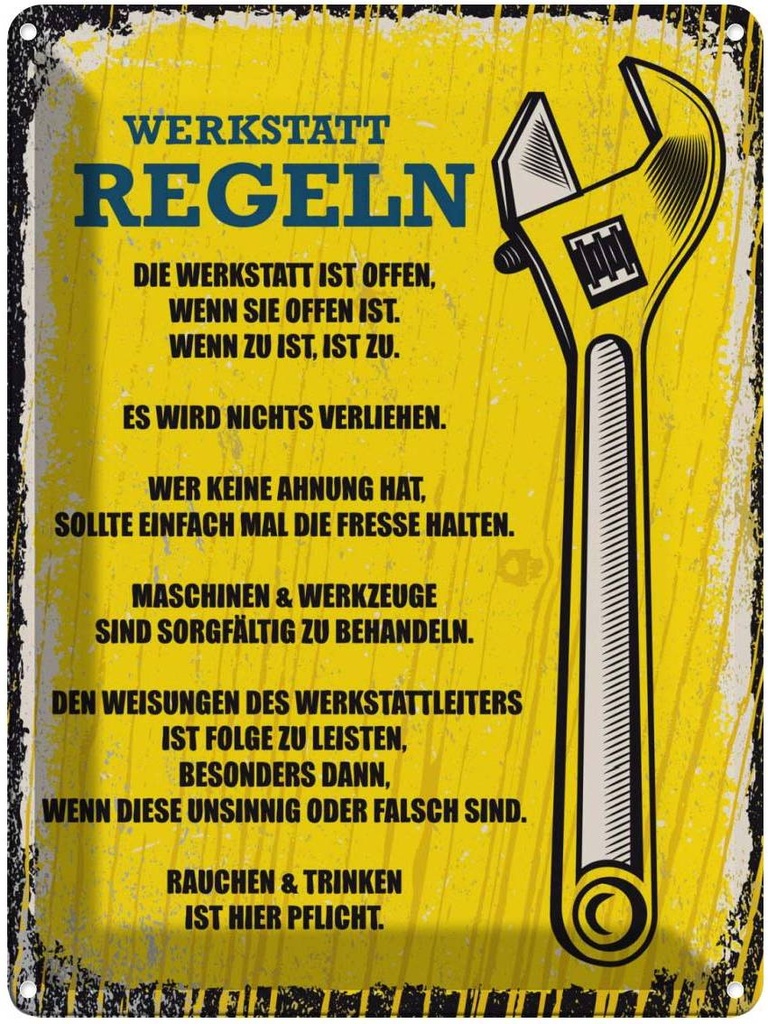 [LA-138482] Blechschild 40x30 cm Werkstatt Regeln gelb Amerika USA