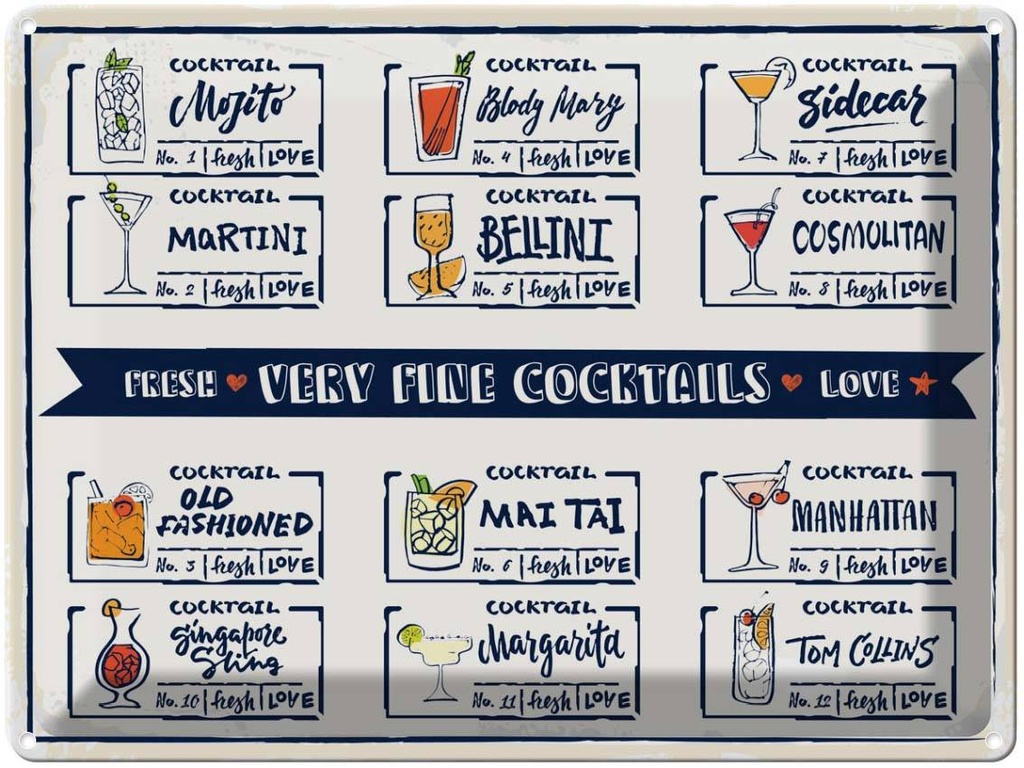Blechschild 30x40 cm Fresh Cocktails Mojito Maragrita Essen Trinken