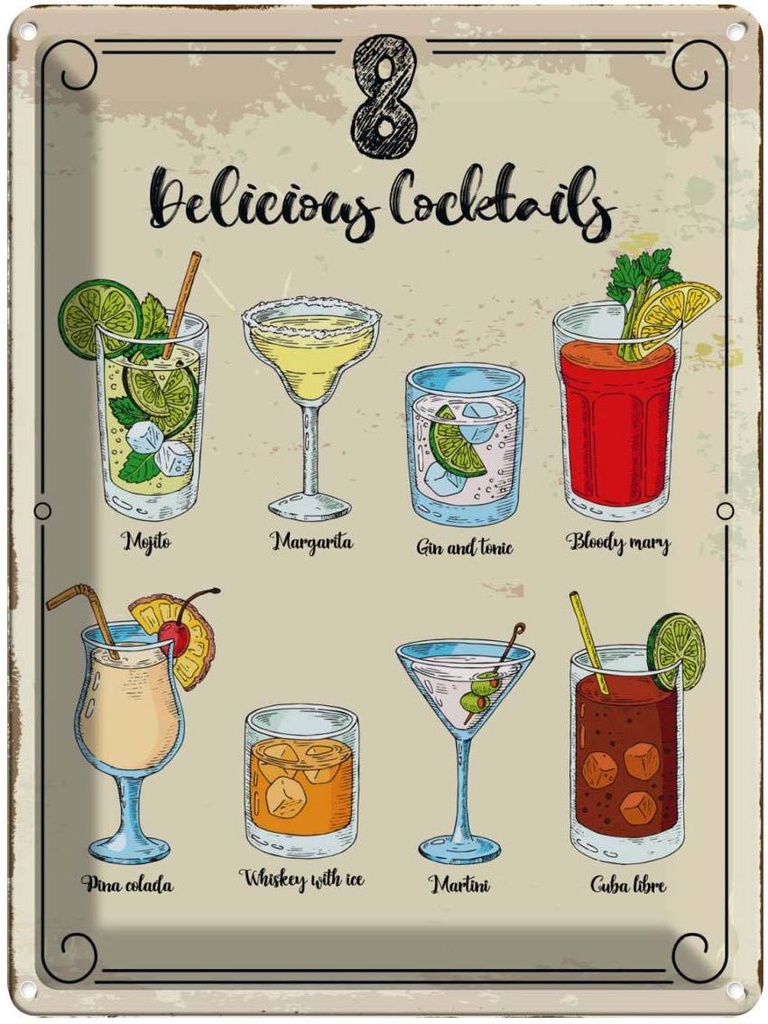 Blechschild 40x30 cm Cocktails Mojito Martini Margarita Essen Trinken