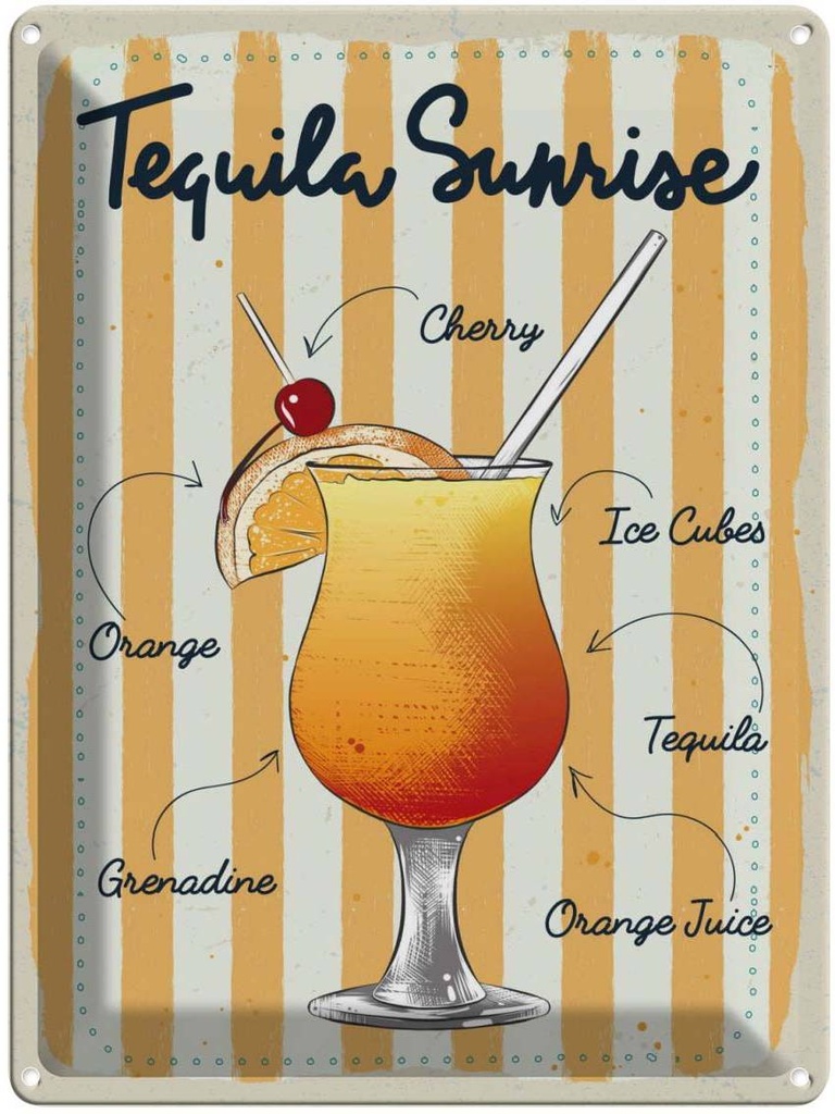 Blechschild 40x30 cm Tequila Sunrise Cherry Orange Essen Trinken