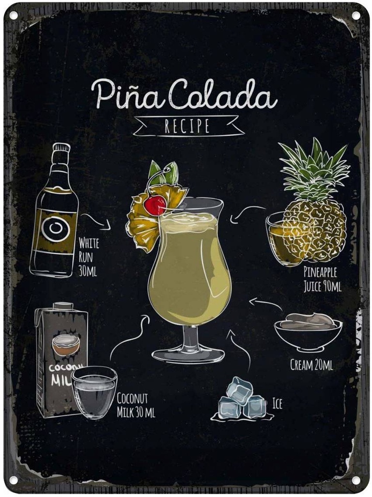 Blechschild 40x30 cm Pina Colada Coktail Recipe Essen Trinken