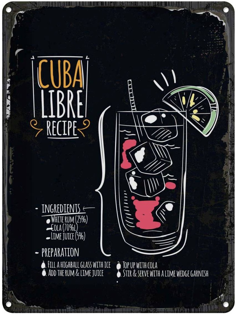 Blechschild 40x30 cm Cuba Libre Cocktail Recipe Essen Trinken