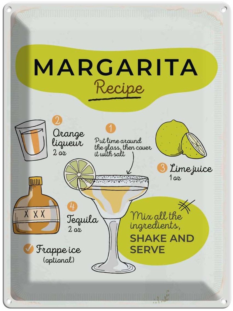 Blechschild 40x30 cm Margarita Recipe orange lime Essen Trinken