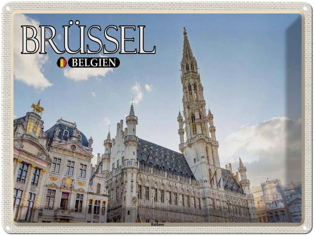 Blechschild 30x40 cm Brüssel Belgien Rathaus Wolken Bildmotiv Reisemotiv Abenteuer Reisen