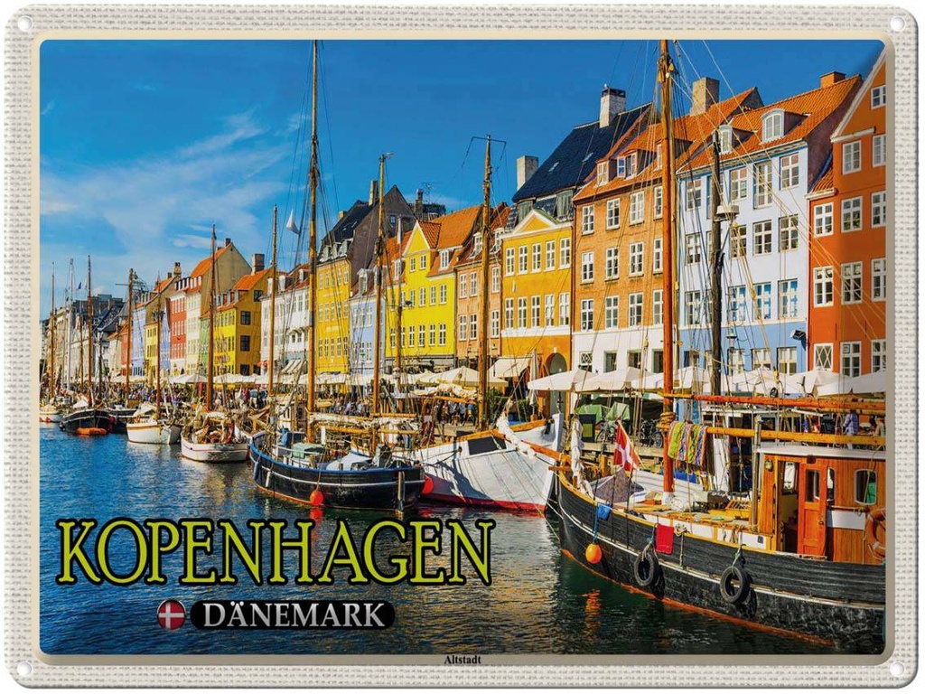 Blechschild 30x40 cm Kopenhagen Dänemark Altstadt Boote Bildmotiv Reisemotiv Abenteuer Reisen