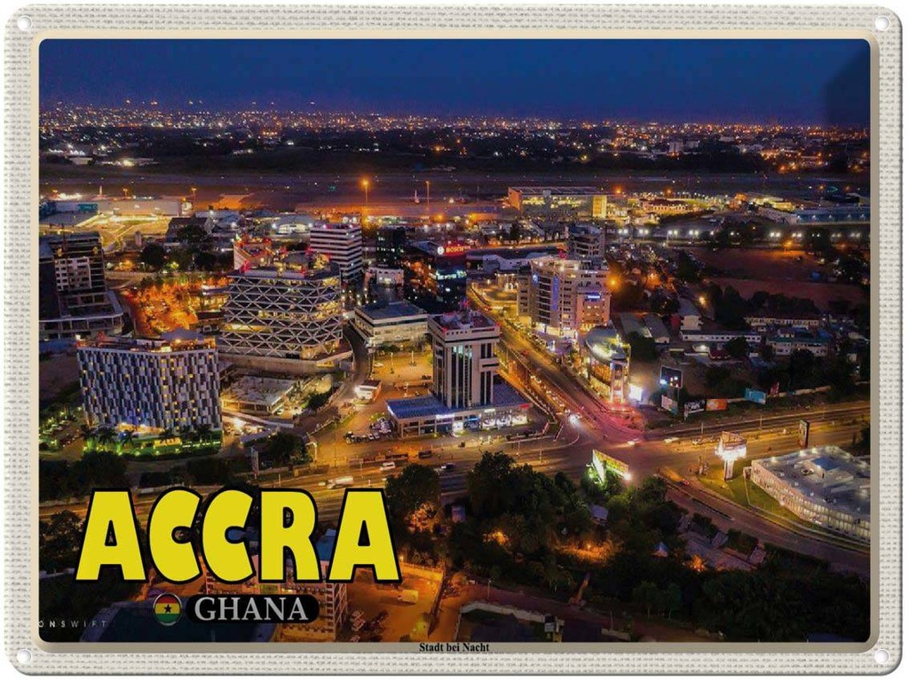 Blechschild 30x40 cm Accra Ghana Stadt bei Nacht Bildmotiv Reisemotiv Abenteuer Reisen