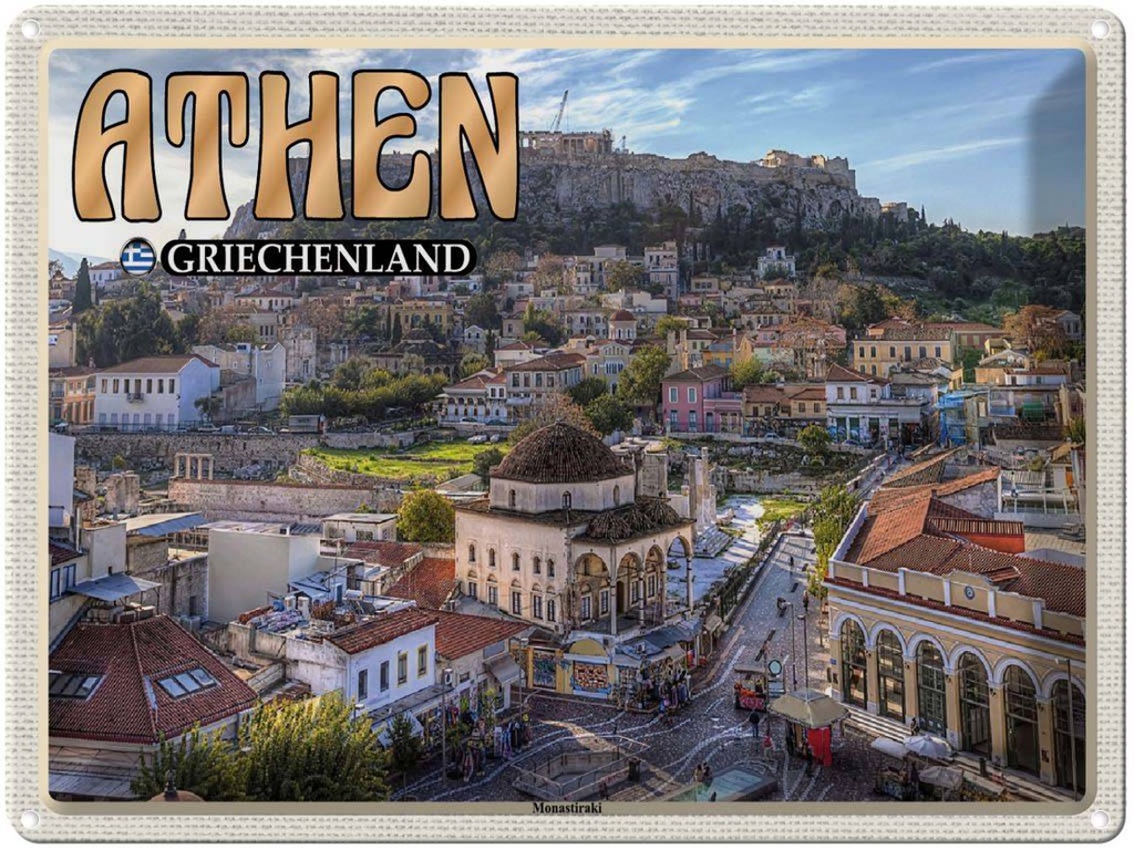 Blechschild 30x40 cm Athen Griechenland Monastiraki Bildmotiv Reisemotiv Abenteuer Reisen