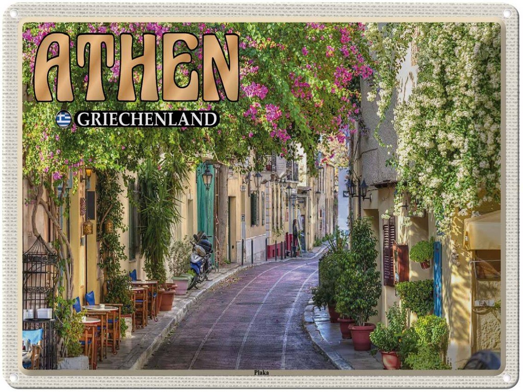 Blechschild 30x40 cm Athen Griechenland Plaka Stadtteil Bildmotiv Reisemotiv Abenteuer Reisen