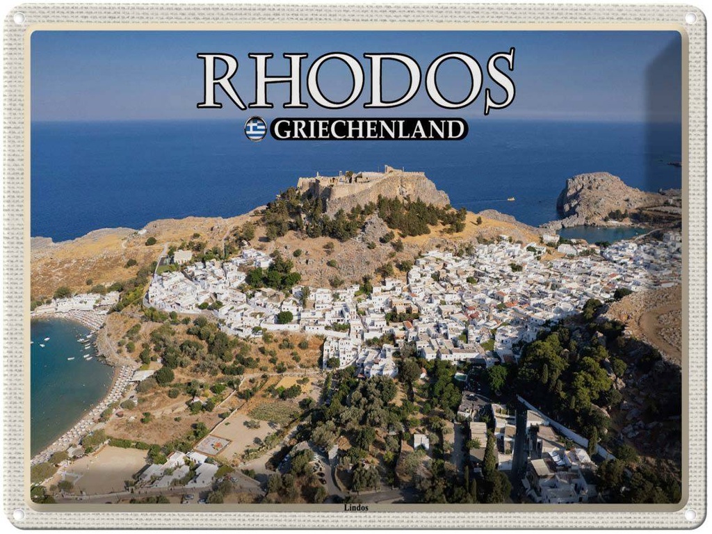 Blechschild 30x40 cm Rhodos Griechenland Lindos Stadt Meer Bildmotiv Reisemotiv Abenteuer Reisen