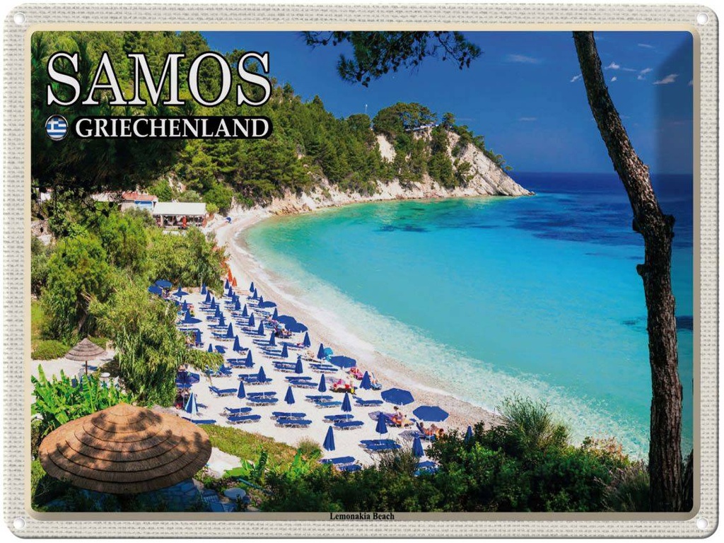 Blechschild 30x40 cm Samos Griechenland Lemonakia Beach Strand Bildmotiv Reisemotiv Abenteuer Reisen
