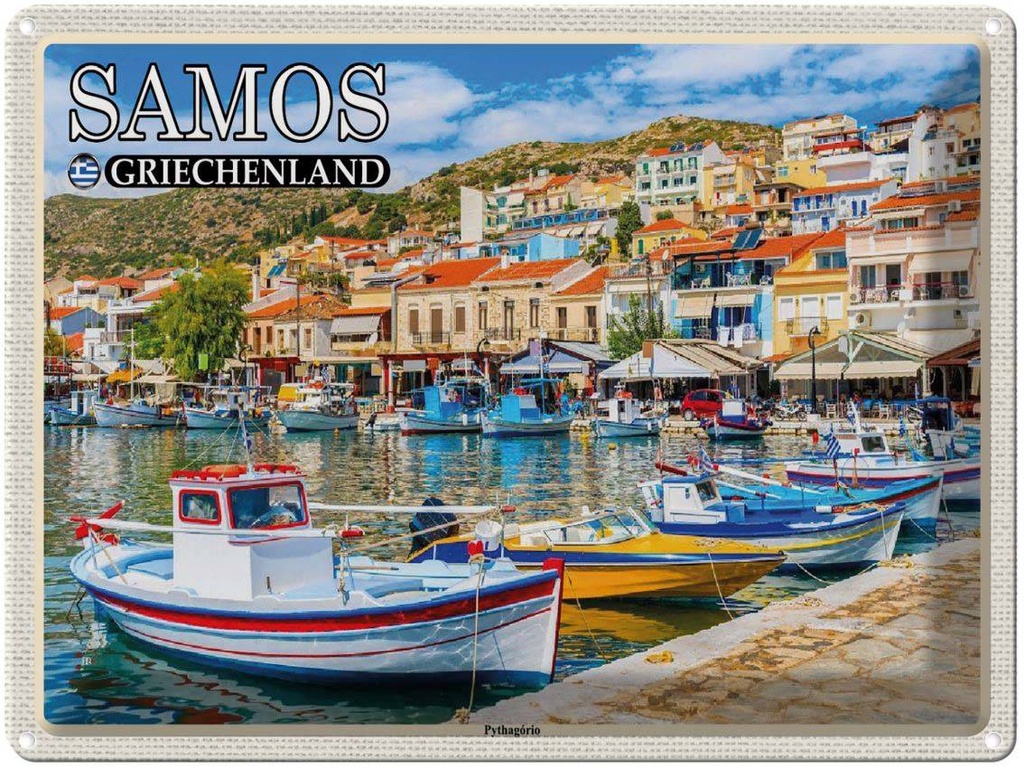 Blechschild 30x40 cm Samos Griechenland Pythagório Kleinstadt Bildmotiv Reisemotiv Abenteuer Reisen