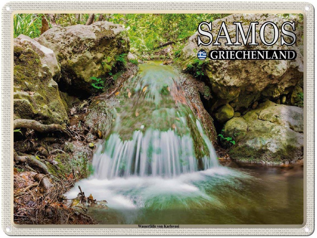 Blechschild 30x40 cm Samos Griechenland Wasserfälle Karlovasi Bildmotiv Reisemotiv Abenteuer Reisen