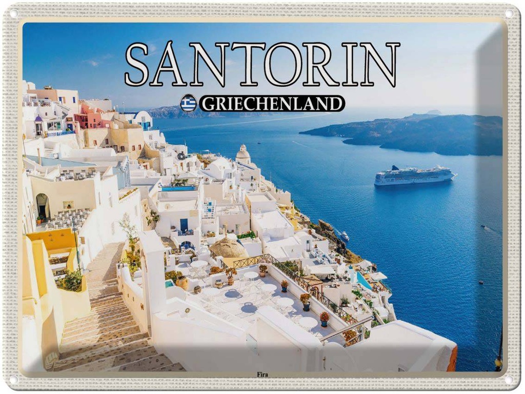 Blechschild 30x40 cm Santorin Griechenland Fira Hauptstadt Bildmotiv Reisemotiv Abenteuer Reisen
