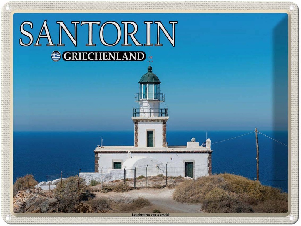 Blechschild 30x40 cm Santorin Griechenland Leuchtturm Akrotiri Bildmotiv Reisemotiv Abenteuer Reisen