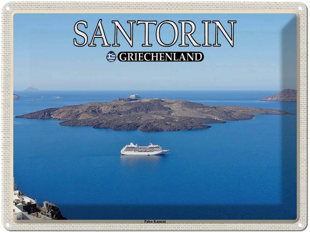 Blechschild 30x40 cm Santorin Griechenland Palea Kameni Insel Bildmotiv Reisemotiv Abenteuer Reisen