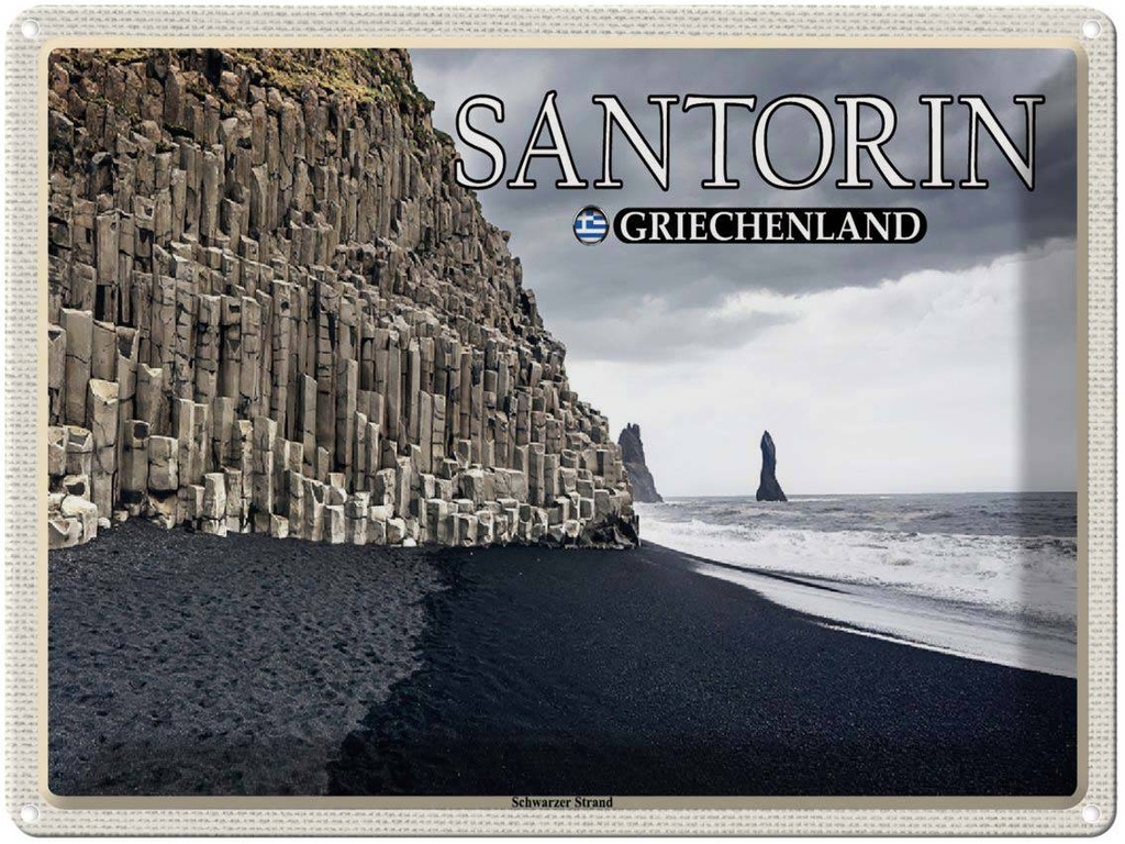 Blechschild 30x40 cm Santorin Griechenland Schwarzer Strand Bildmotiv Reisemotiv Abenteuer Reisen