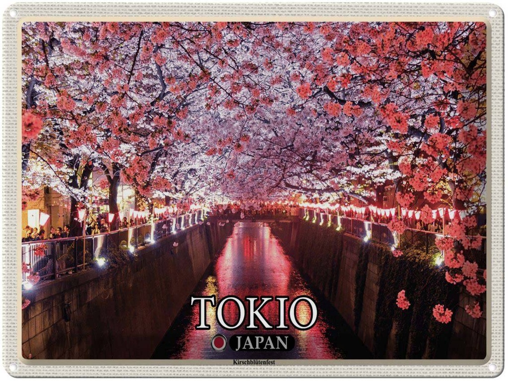 Blechschild 30x40 cm Tokio Japan Kirschblütenfest Bäume Fluss Bildmotiv Reisemotiv Abenteuer Reisen