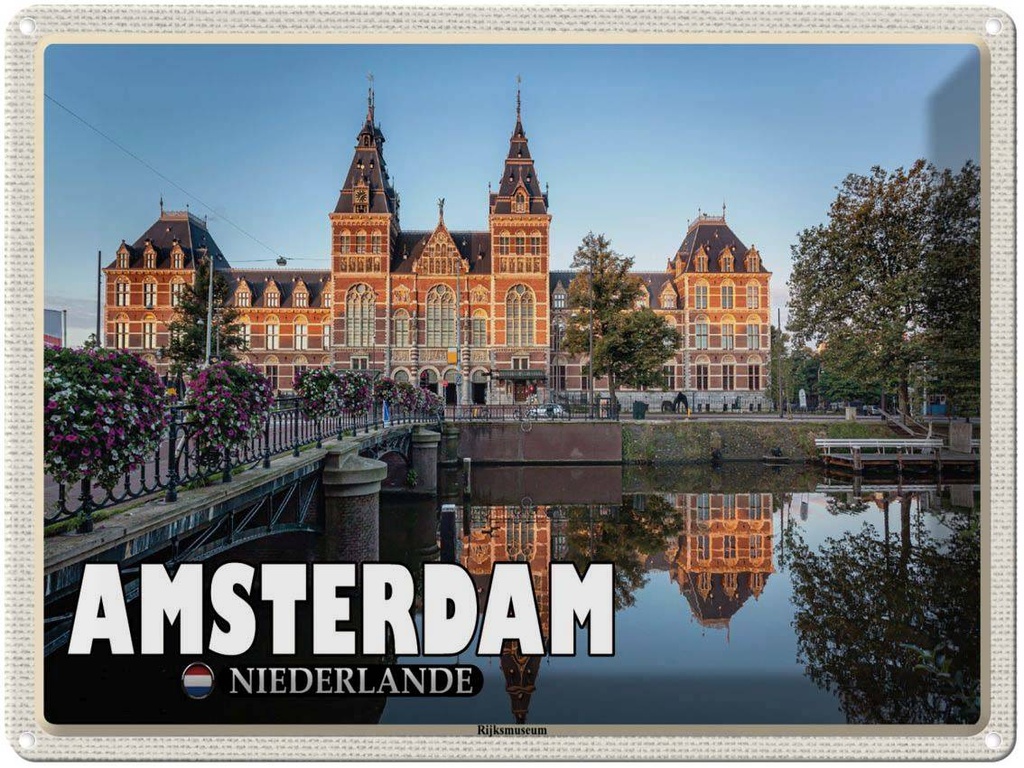 Blechschild 30x40 cm Amsterdam Niederlande Rijksmuseum Bildmotiv Reisemotiv Abenteuer Reisen