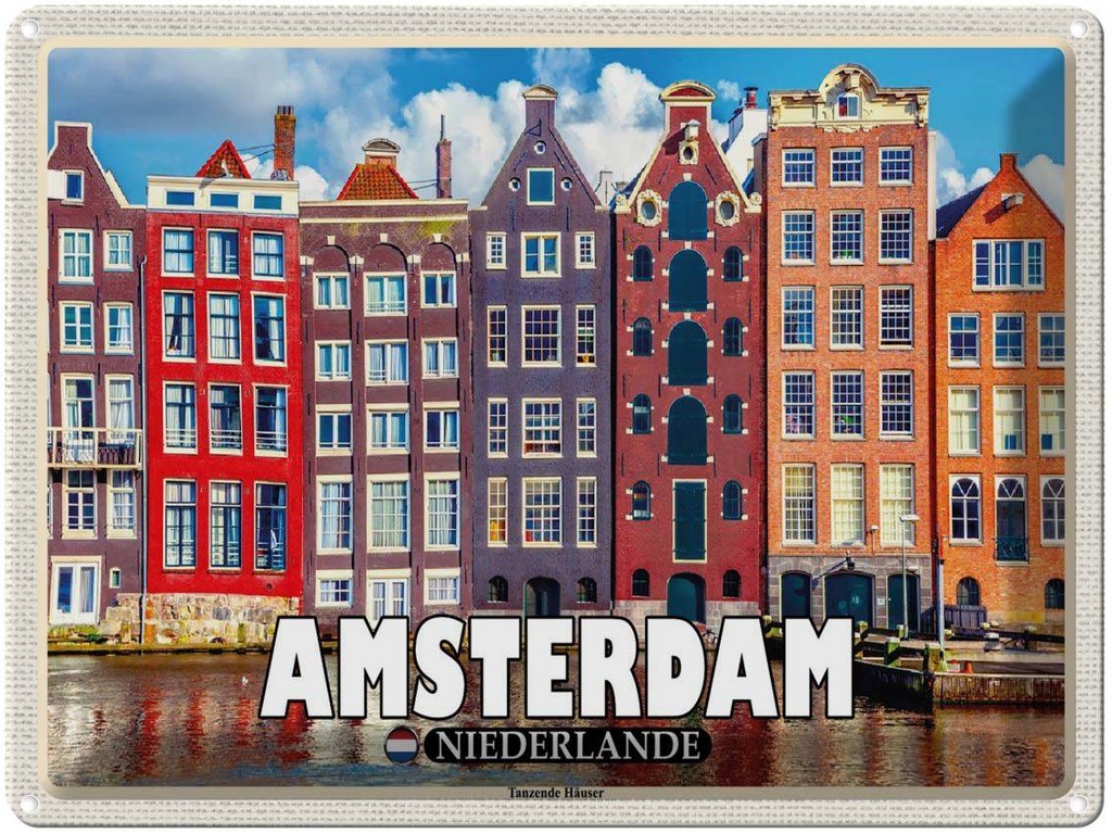 Blechschild 30x40 cm Amsterdam Niederlande Tanzende Häuser Bildmotiv Reisemotiv Abenteuer Reisen