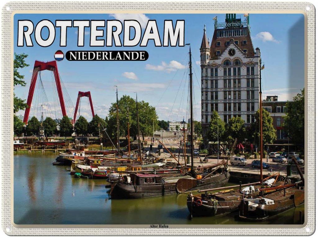 Blechschild 30x40 cm Rotterdam Niederlande Alter Hafen Boote Bildmotiv Reisemotiv Abenteuer Reisen