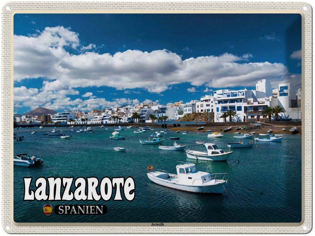 Blechschild 30x40 cm Lanzarote Spanien Arrecife Stadt Meer Bildmotiv Reisemotiv Abenteuer Reisen