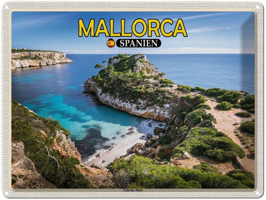 Blechschild 30x40 cm Mallorca Spanien Cala des Moro Bucht Bildmotiv Reisemotiv Abenteuer Reisen