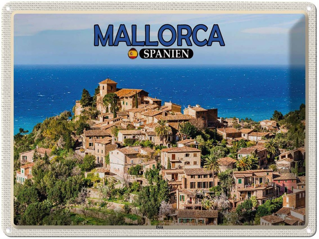 Blechschild 30x40 cm Mallorca Spanien Deià Meer Kleinstadt Bildmotiv Reisemotiv Abenteuer Reisen
