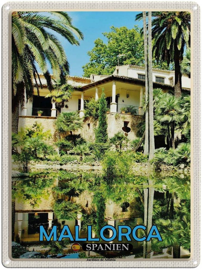Blechschild 40x30 cm Mallorca Spanien Jardines de Alfabia Bildmotiv Reisemotiv Abenteuer Reisen