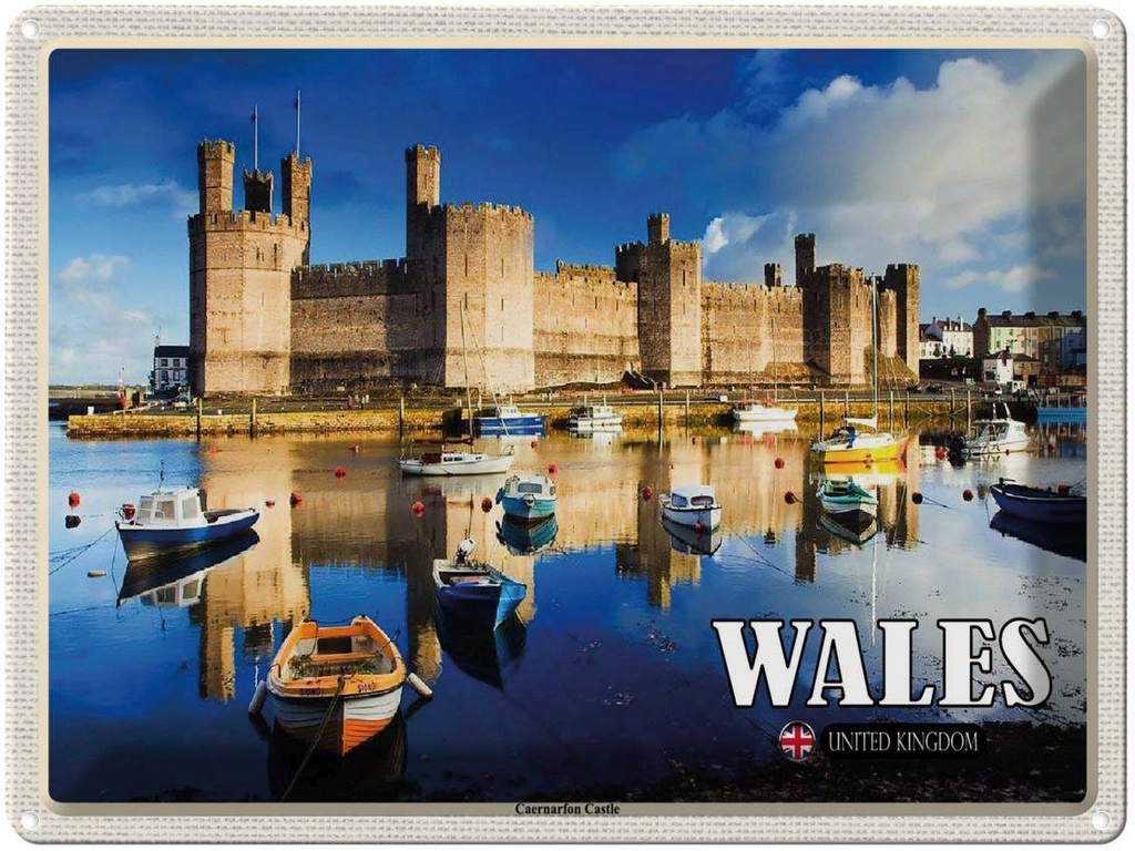 Blechschild 30x40 cm Wales United Kingdom Caernarfon Castle Bildmotiv Reisemotiv Abenteuer Reisen