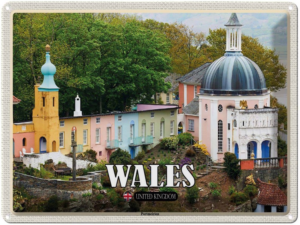 Blechschild 30x40 cm Wales United Kingdom Portmeirion Bildmotiv Reisemotiv Abenteuer Reisen