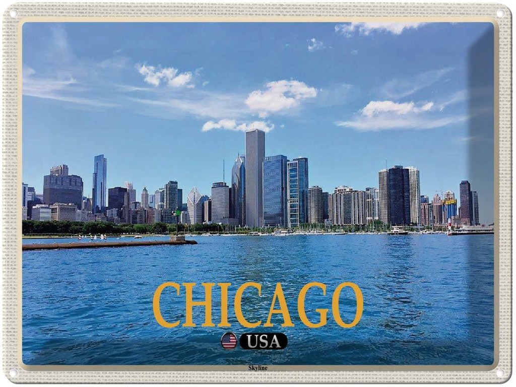 Blechschild 30x40 cm Chicago USA Skyline Hochhäuser Bildmotiv Reisemotiv Abenteuer Reisen