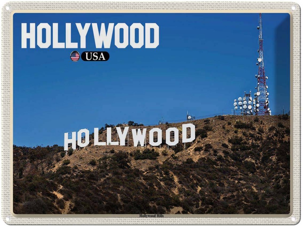 Blechschild 30x40 cm Hollywood USA Hills Bildmotiv Reisemotiv Abenteuer Reisen