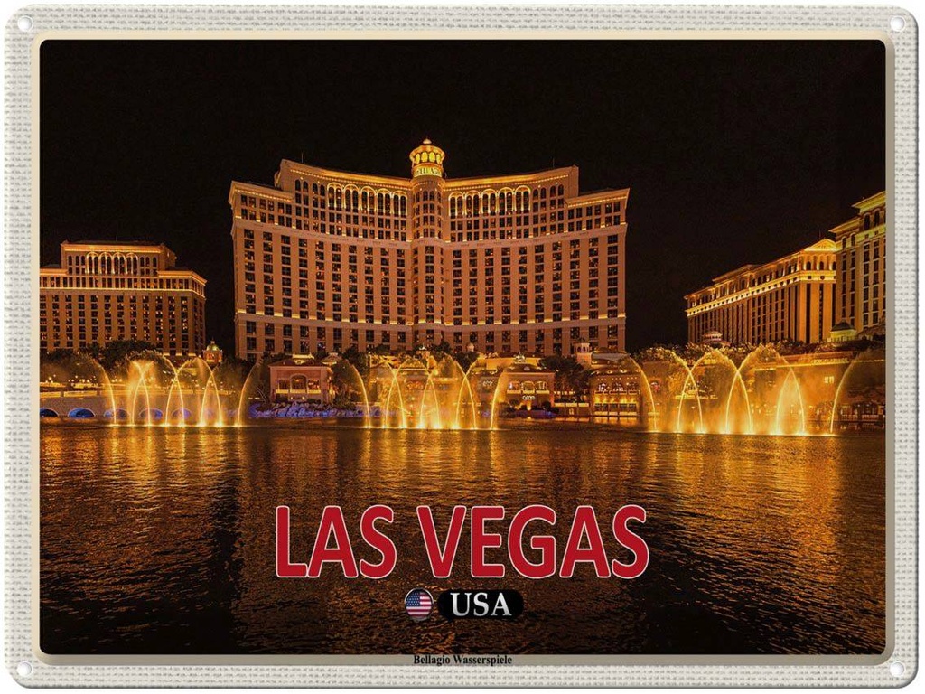 Blechschild 30x40 cm Las Vegas USA Bellagio Wasserspiele Bildmotiv Reisemotiv Abenteuer Reisen