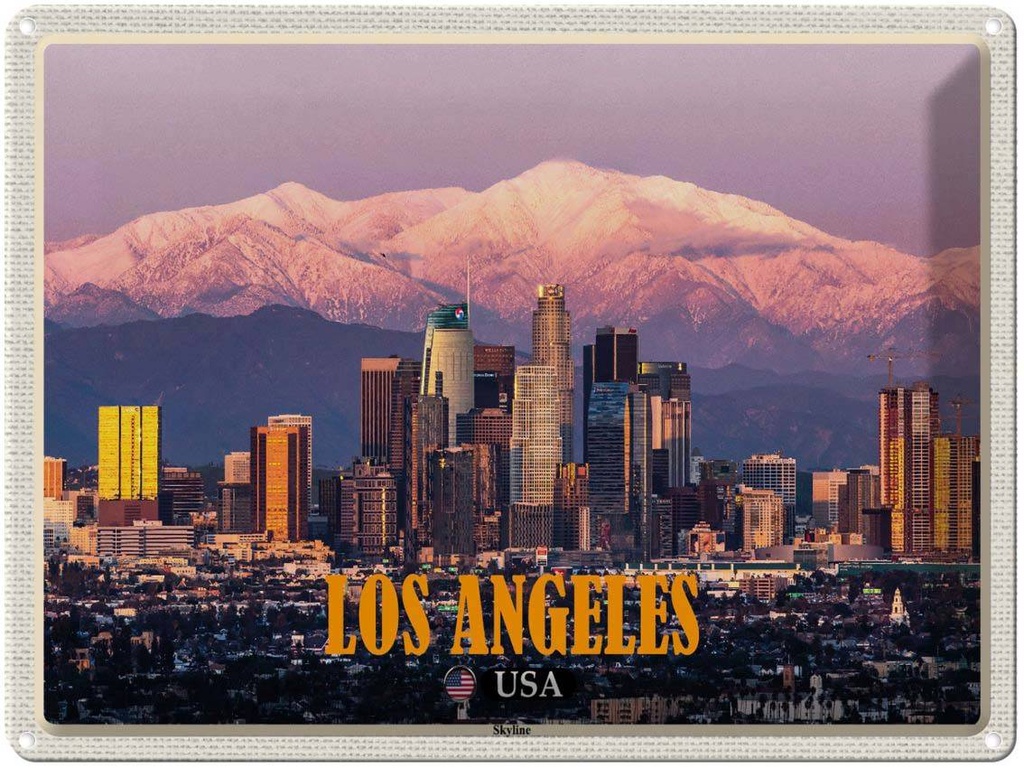 Blechschild 30x40 cm Los Angeles Skyline Berge Wolkenkratzer Bildmotiv Reisemotiv Abenteuer Reisen