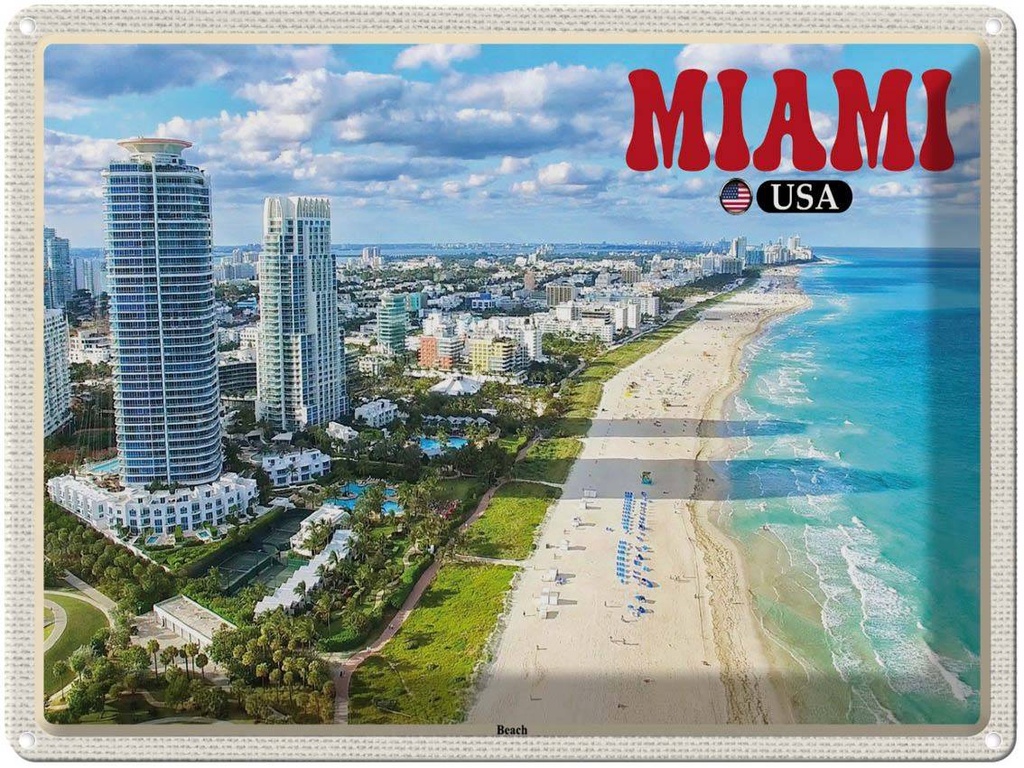 Blechschild 30x40 cm Miami USA Strand Hochhäuser Meer Urlaub Bildmotiv Reisemotiv Abenteuer Reisen